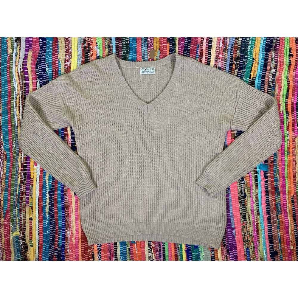 Poof Appare Womens V Neck Knit Sweater L Large Long Sleeve Tan Pullover